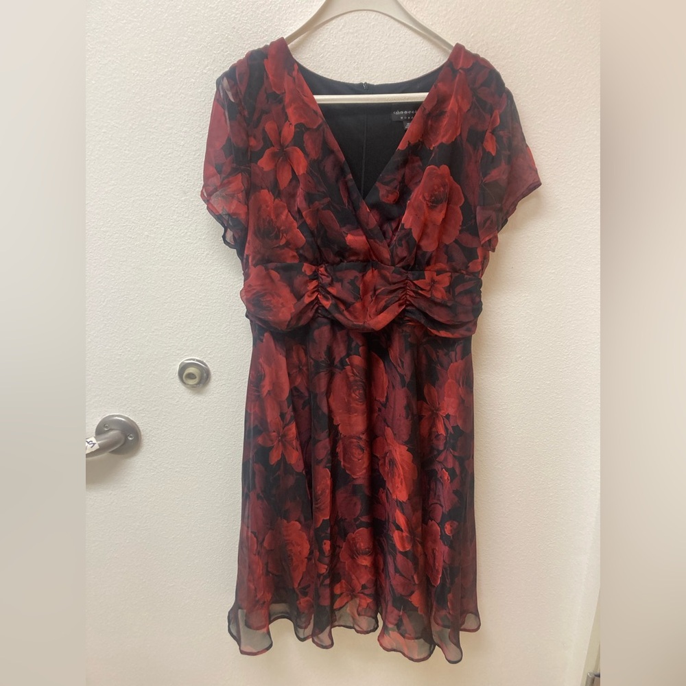 CONNECTED WOMAN Y2K V Neck Red and Black Floral Sheer Dress 18W.
